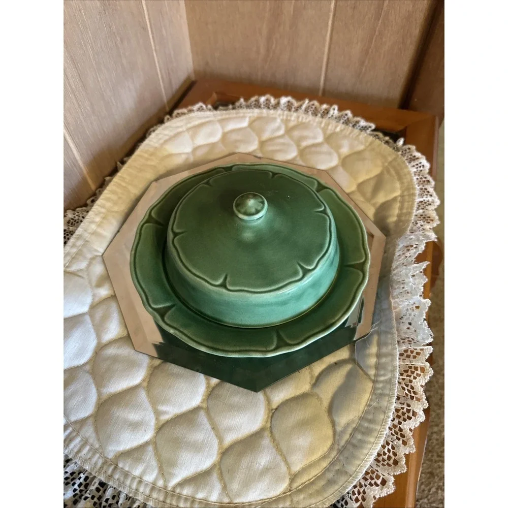 vintage green covered butter dish from the‎ Mount Clemens Pottery Company